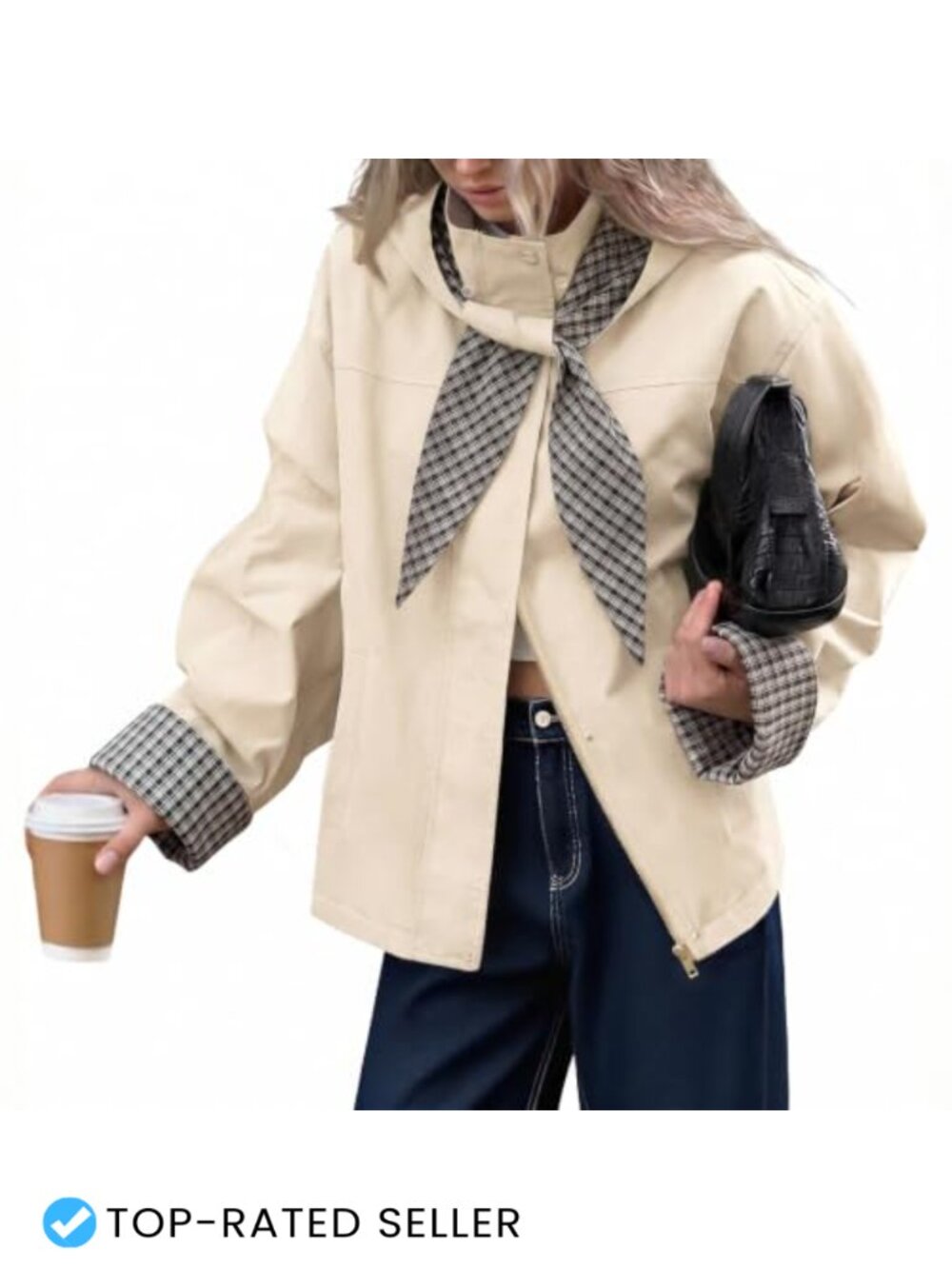 Tankaneo Womens Cropped Trench Coat Detachable Plaid Hood Lightweight